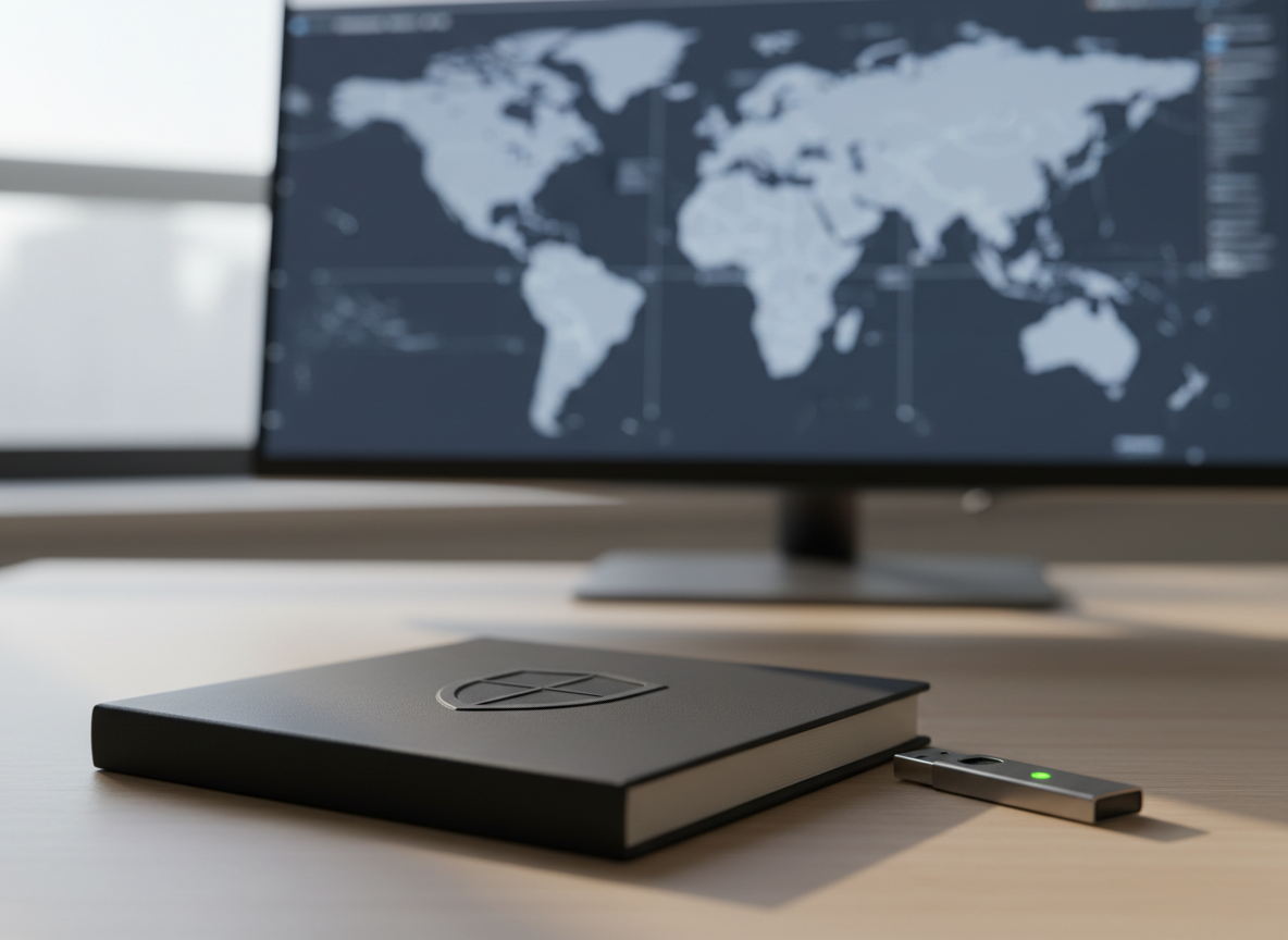 A photographic close-up of a secure, matte-black notebook with a subtle embossed shield icon resting beside a slim, encrypted USB drive on a light-wood desk. In the softly blurred background, a large monitor displays neutral maps and data grids in muted blue and gray, suggesting analysis of threat patterns without graphic details. Gentle morning light filters through an unseen window, creating calm highlights on the notebook’s textured cover and casting soft shadows. The mood is composed, diligent, and protective. Shot with a shallow depth of field and centered composition, the image symbolizes careful documentation, privacy, and responsibility in gathering transparent information to safeguard Muslim communities.