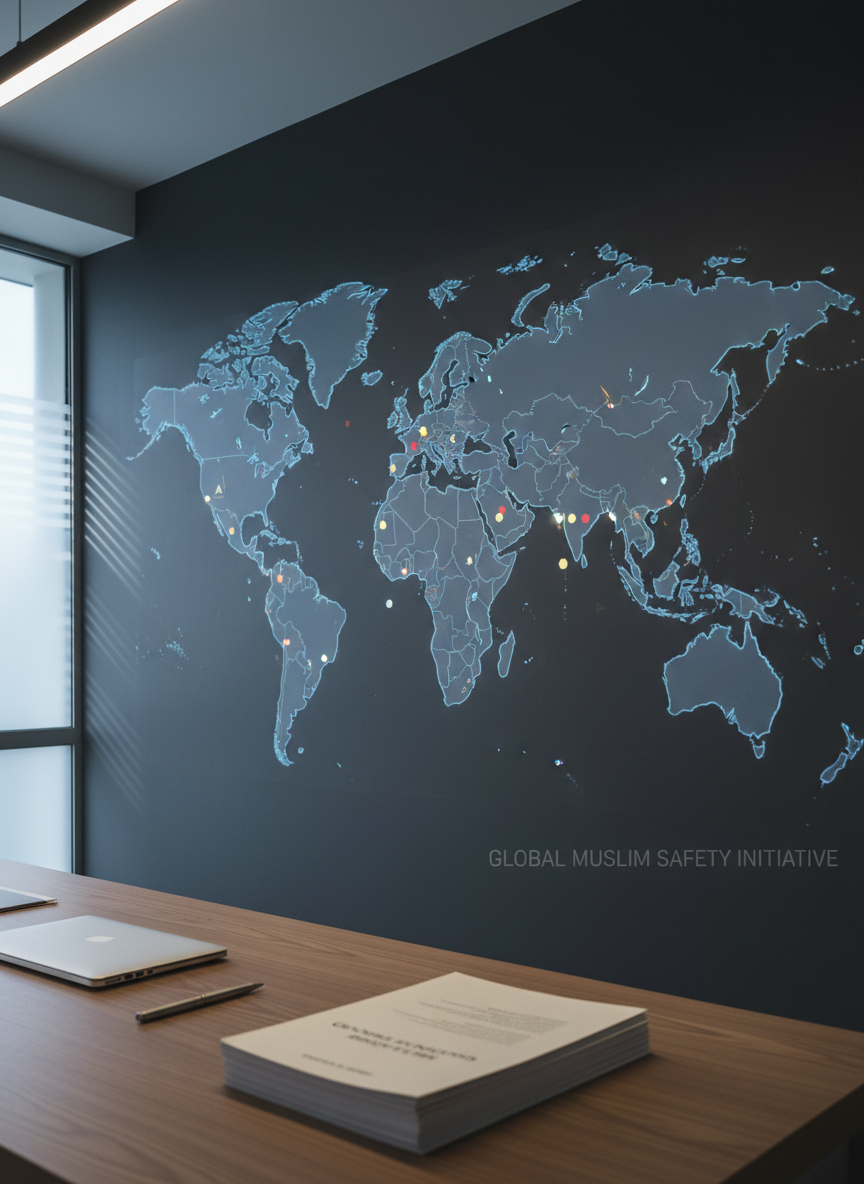 A high-resolution photographic image of a large, sleek digital world map displayed on a dark, matte wall in a modern research office. The map glows softly in cool blues and subtle amber tones, with small, abstract geometric markers indicating areas of concern, avoiding any sensational graphics. On the minimalist desk in the foreground lie neatly stacked printed reports, a closed laptop, and a simple metallic pen, all in sharp focus. Soft overhead LED lighting and indirect light from a frosted glass window create a calm, analytical atmosphere. Shot at eye level with a slight angle, the composition emphasizes transparency, data, and vigilance, conveying a professional, fact-based commitment to protecting Muslim communities worldwide.