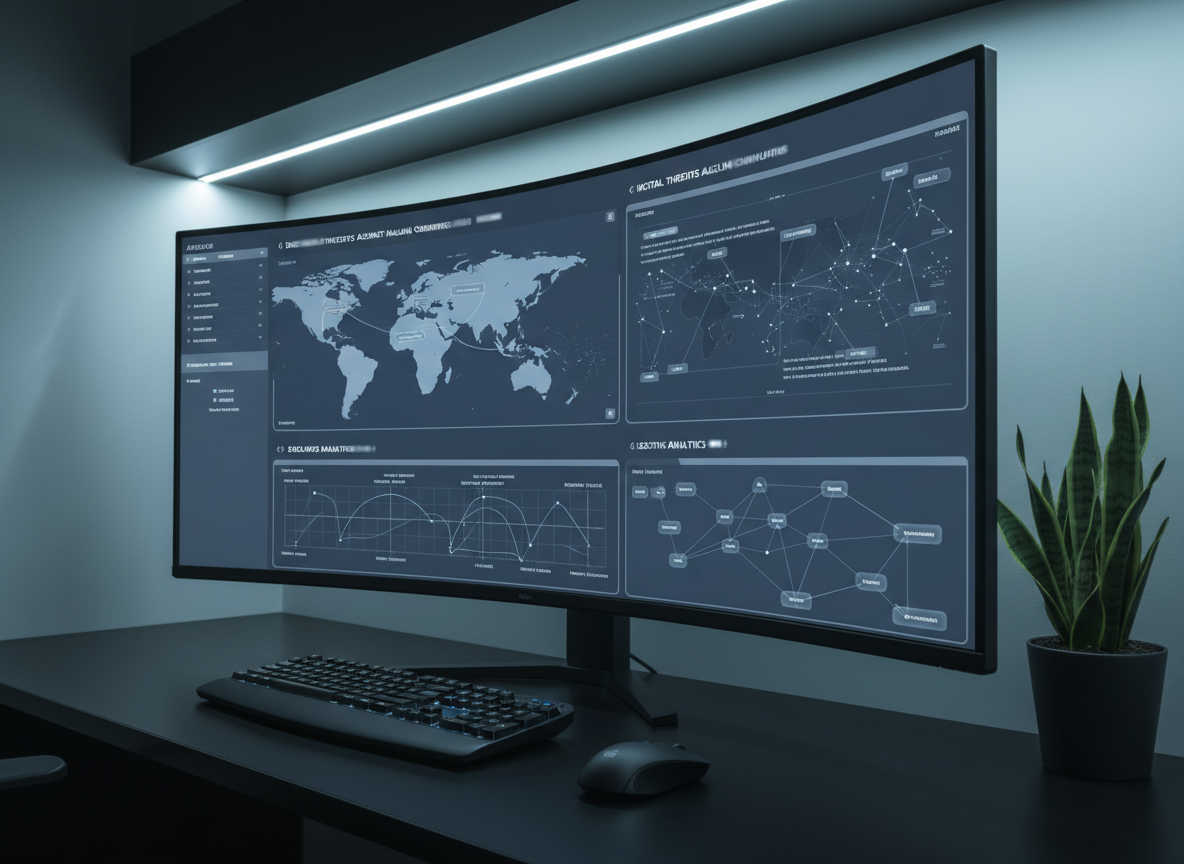 A photographic image of a modern security operations workspace, featuring a wide, curved ultra-high-definition monitor displaying a multi-panel interface with maps, timelines, and anonymized network diagrams in muted blues and grays. A minimalist black keyboard and wireless mouse rest on a clean, matte-black desk surface, beside a small, healthy green plant that softens the scene. Cool, even LED lighting from above and subtle glow from the monitor create a focused, vigilant ambiance. Shot from a slightly low, three-quarter angle, the composition highlights the technology and analytical tools used to track and understand threats against Muslim communities, emphasizing vigilance, precision, and responsibility rather than fear.