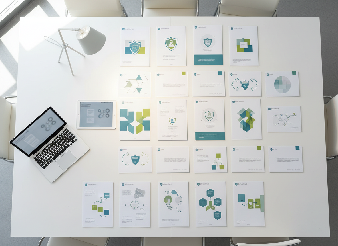 A bright, photographic overhead view of a large white table in a quiet community resource center, covered with neatly arranged, text-free safety brochures represented by simple icons, color blocks, and abstract diagrams. Beside them are a tablet and a slim laptop showing blurred, neutral-toned interfaces that imply information portals. A small, geometric desk lamp casts warm, focused light onto the tabletop, while natural daylight from an off-frame window adds gentle ambient illumination. The mood is supportive and empowering. The clean, modern composition with generous negative space suggests clarity and accessibility of information that helps protect Muslims by making complex risks understandable in a calm, non-alarming way.