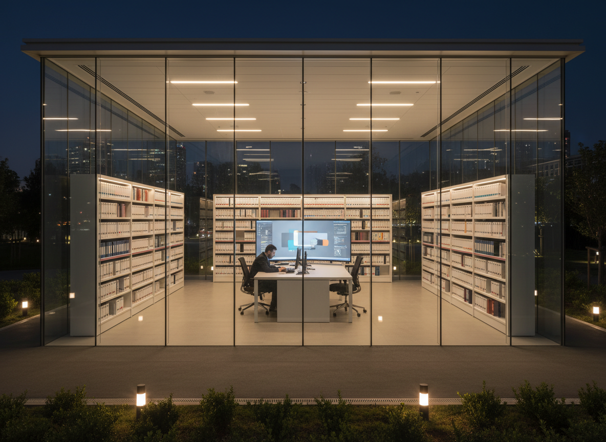 A realistic photographic scene of a secure, glass-walled information hub at night, seen from a respectful distance. Inside, rows of backlit shelves hold organized binders and archival boxes labeled only with subtle color codes, while a central workstation glows softly with neutral-toned data visualizations on a large screen. Exterior ground lights and interior warm-white LEDs balance to create an atmosphere of quiet vigilance and reliability, with reflections on the glass adding depth. Captured at a slightly elevated, wide-angle view, the composition emphasizes the structure, order, and continuity of research into groups targeting Muslims, symbolizing steady, behind-the-scenes protection without any sensational or frightening imagery.