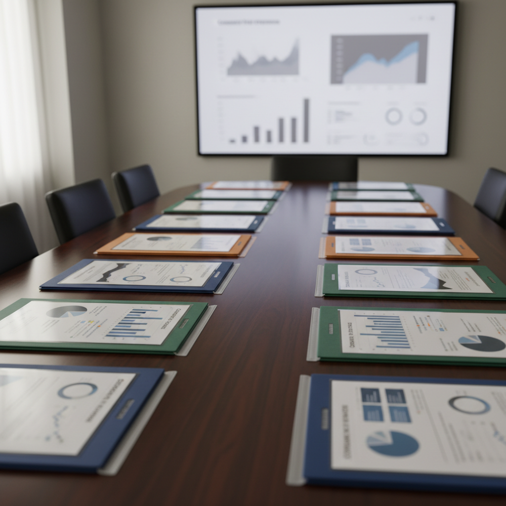 A close-up photographic scene of a sturdy, dark wood conference table covered with organized, color-coded folders and slim transparent document sleeves, each containing printed charts and infographics about community safety. A large, frameless digital display on the wall in the background shows a blurred dashboard of neutral-colored graphs, deliberately avoiding dramatic imagery. Soft, diffused daylight enters from an unseen window, creating gentle reflections on the table’s polished surface. The mood is calm, methodical, and professional. Captured from a slightly elevated angle with a medium depth of field, the image focuses on the tools of research and transparency, symbolizing careful monitoring of groups that target Muslims without resorting to sensationalism.