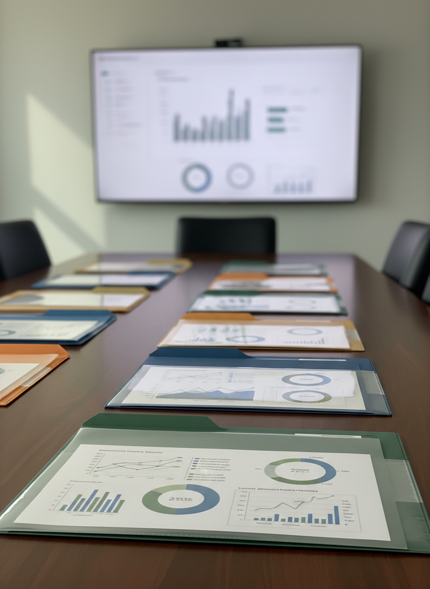 A close-up photographic scene of a sturdy, dark wood conference table covered with organized, color-coded folders and slim transparent document sleeves, each containing printed charts and infographics about community safety. A large, frameless digital display on the wall in the background shows a blurred dashboard of neutral-colored graphs, deliberately avoiding dramatic imagery. Soft, diffused daylight enters from an unseen window, creating gentle reflections on the table’s polished surface. The mood is calm, methodical, and professional. Captured from a slightly elevated angle with a medium depth of field, the image focuses on the tools of research and transparency, symbolizing careful monitoring of groups that target Muslims without resorting to sensationalism.